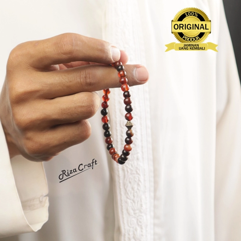 Product image Riza Craft - Gelang Tasbih Batu Akik Yaman Sulaiman Merah Madu 33 Butir ASLI Original Paket Cendna