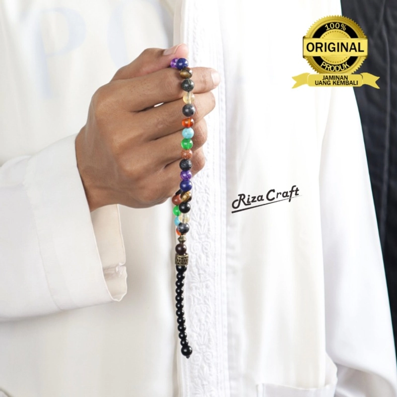 Product image Riza Craft - Tasbih Batu Akik Alam Agate Pirus Giok Lava Kecubung Lapis Lazuli Pasir Emas Tiger Eye Black Jade Ci 33 Butir Mix
