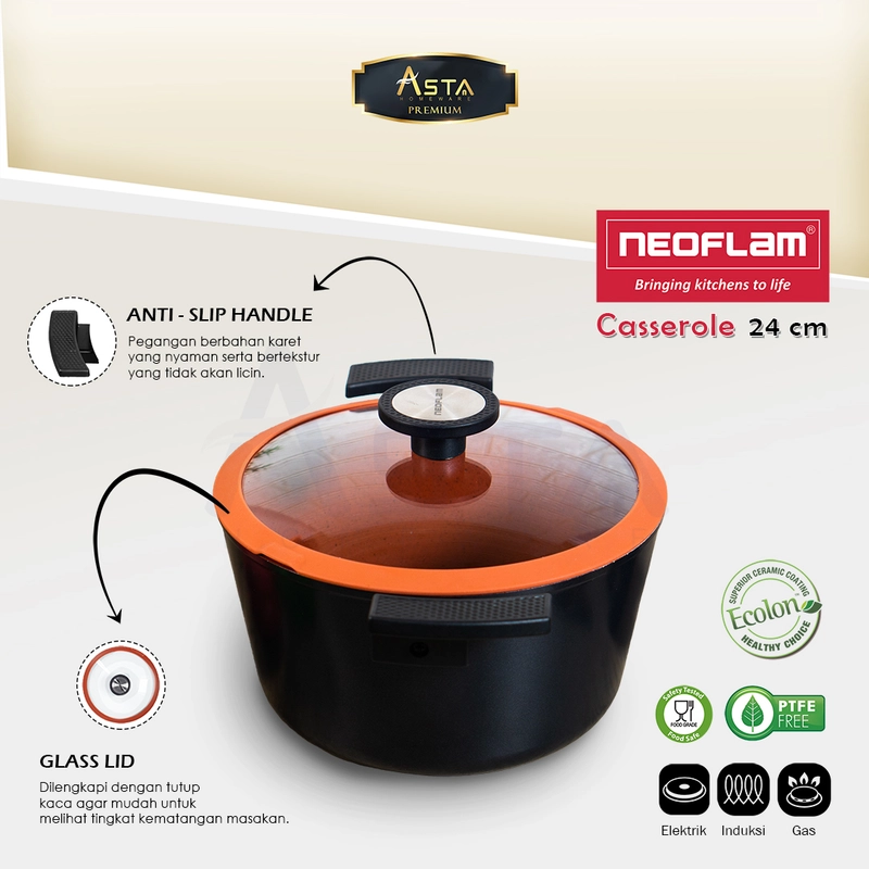 Product image Asta Premium Casserole Panci Sup Anti Lengket Neoflam Ceramic Coating Tutup Kaca Premium 24 cm Ukuran Casserole 24 cm