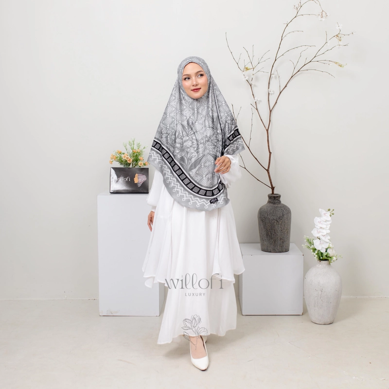 Product image Sakura Baru X Willofi - Hijab Instan Sublim Motif Aster Non Pad Instan Syari Premium Daily Bergo Jumbo WL-ASTERNONPAD-GREY