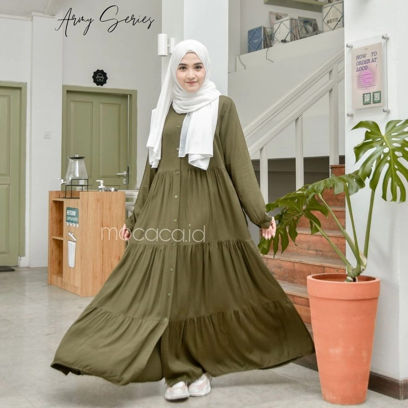Product image mocaca id - Gamis Polos Premium Babydoll Lady Dress Rayon Twill Full Kancing Hidup Busui Army ALL SIZE ARMY