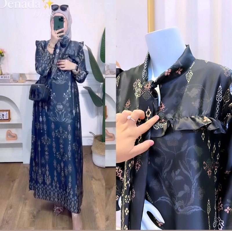 Product image Valencia - Denada Gamis Terbaru Diora Silk Dress Wanita Lengan Panjang Ruffle Maxidress Kekinian LD 110 cm All Size Hitam