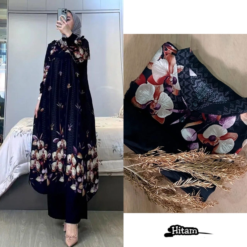 Product image Khisna collection - Oneset long tunik maharani motif baru jahitan rapi dan bagus Allsize Hitam