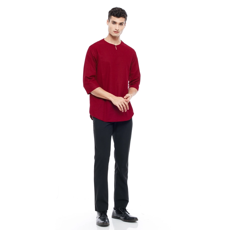 Product image MALLVOSE - Kemeja Pria Kurta Lengan 3/4 MV04 Kasual Maroon Premium Dewasa M Maroon