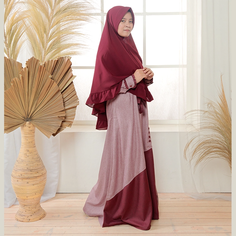 Product image MOSCOU - Baju Busana Dress Gamis Wanita Set Khimar Hijab Muslim Muslimah Syari Syar'I Remaja Ibu Busui Dewasa Simple Simpel Elegan Casual Lebaran Terbaru Kekinian Katun Madinah Premium Adem Lembut Mauve Merah Maroon Motif M Mauve Maroon