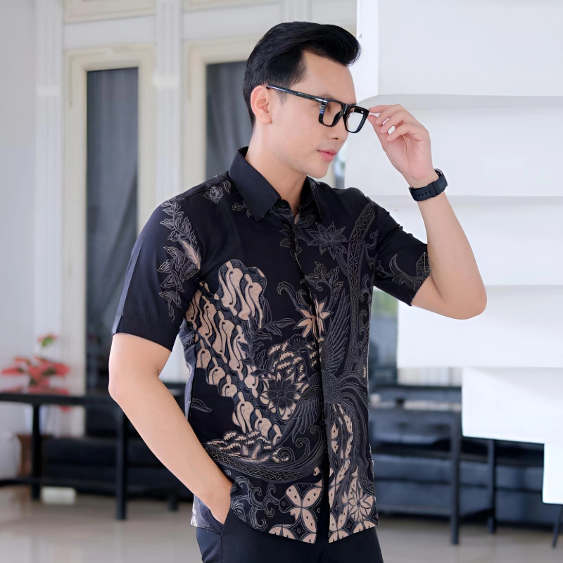 Product image Kois Batik - Kemeja batik modern hitam lengan panjang kondangan seragam ok motif bango M hem bango