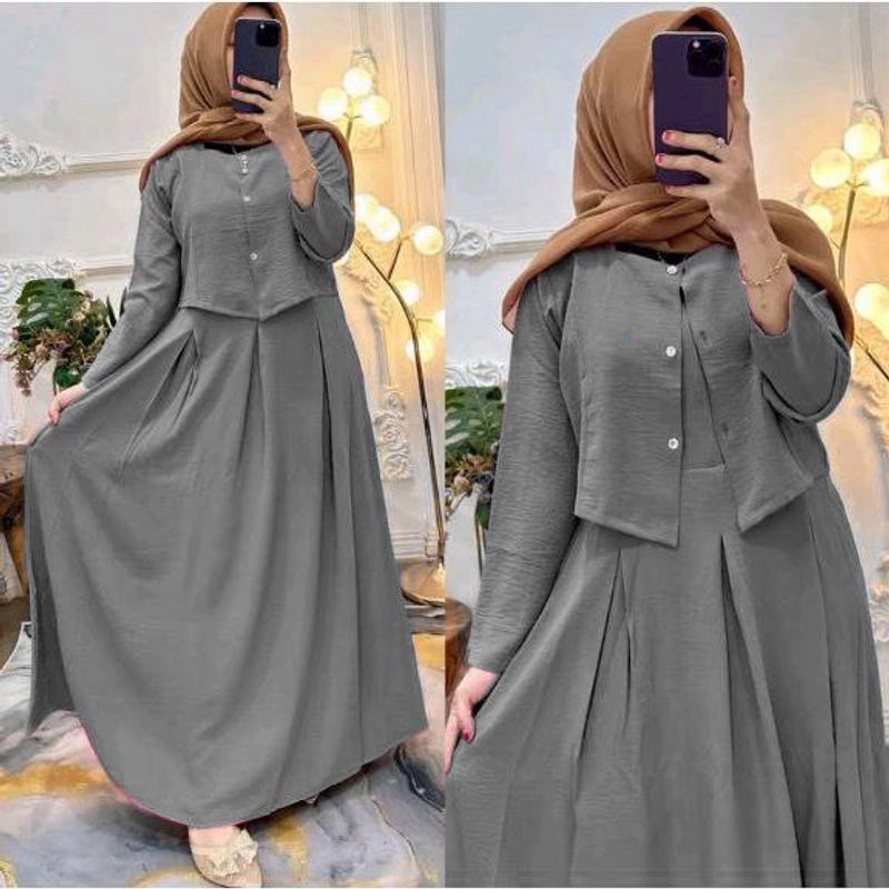 Product image MEQA DAILY - MEQA DAILY - OneSet Overall Model 2in1 Crinkle Premium Terbaru Fashion Muslim Wanita All Size Fit L Abu Kode 1096