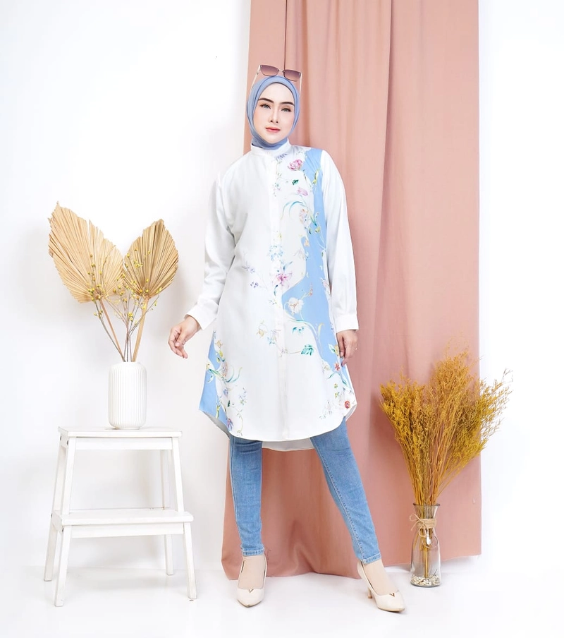 Product image Syahrinda [TA] - Kemeja Tunik Kancing Daisy Zarax Premium Putih Pink Tosca Kuning Print Bunga Katun Size 1 Putih
