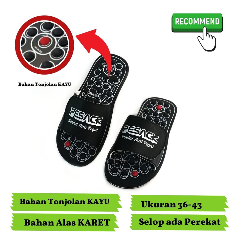 Product image Raqilla - Sandal Rematik Sendal Selop Refleksi Karet selipar Akupuntur Hitam 36 Selop Hitam