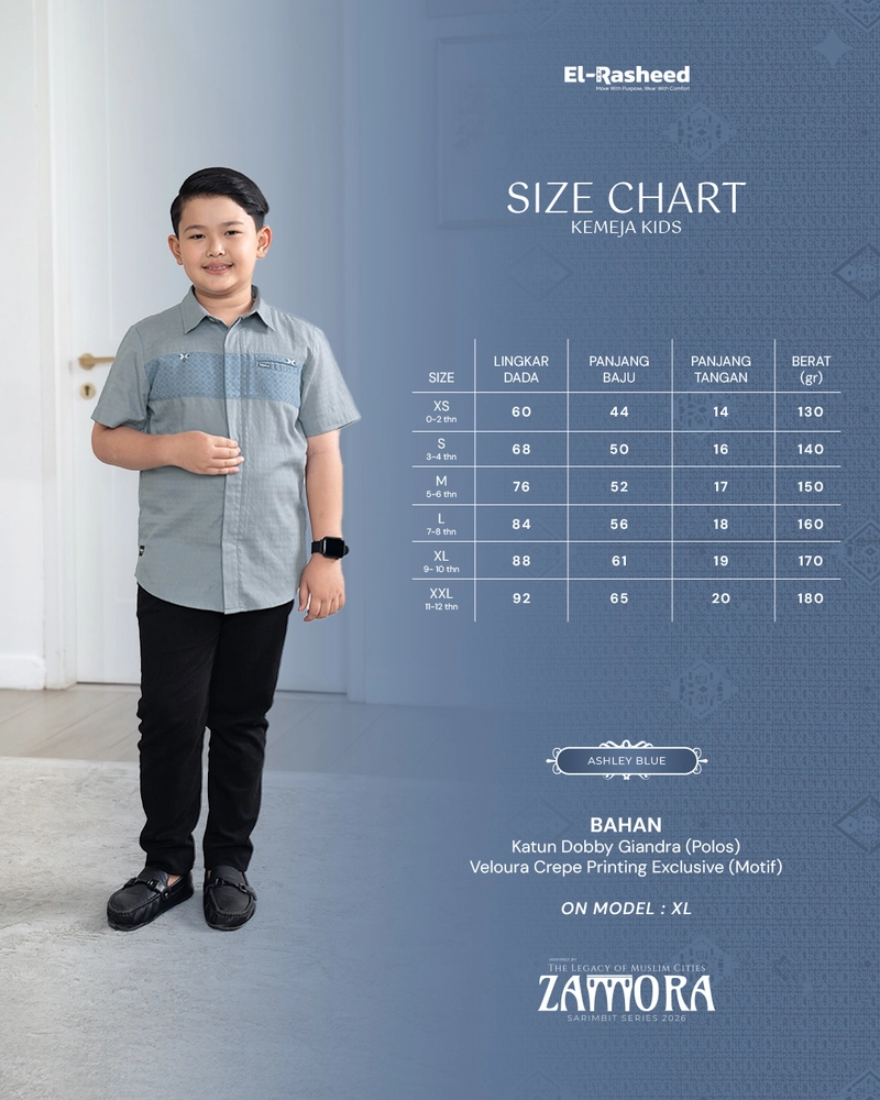 Product image Yasmeera Official - SARIMBIT 2026 ZAMORA SERIES WARNA ASHLEY BLUE XS KMJ ANAK L. PENDEK