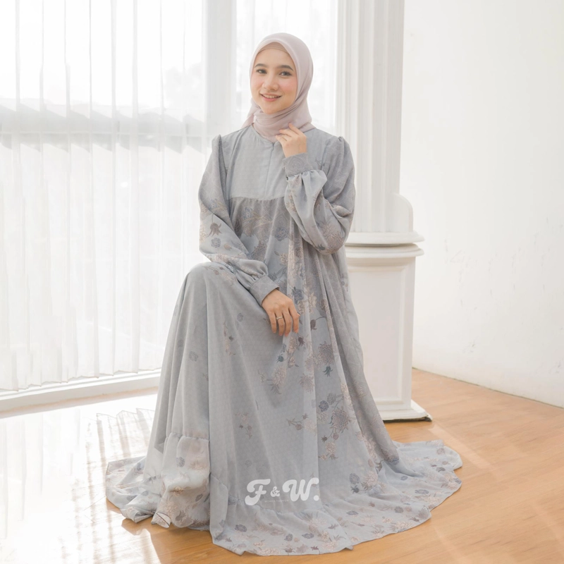 Product image Sakura Baru X FnW - [BUY1GET1] Dress Nazma Babydoll Motif Printing Kondangan Stylish Elegan All Size Grey
