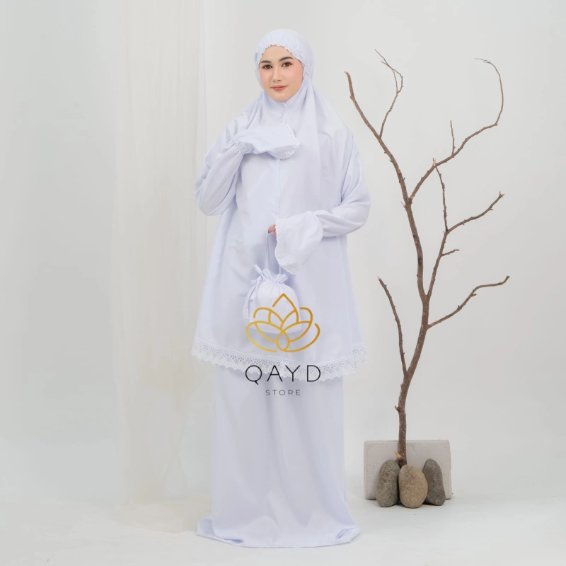 Product image qaydstoreid - Mukena Haji Dewasa Berlengan Umroh Haji Bersaku Katun Premium Renda Mewah mukena umroh putih