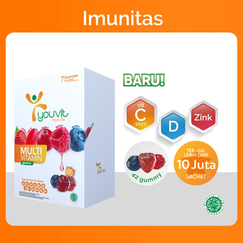 Product image Youvit Multivitamin Dewasa 1 box dengan Vitamin C - D - Zink & Superberries untuk Jaga Imunitas 6 Sachet Gummy