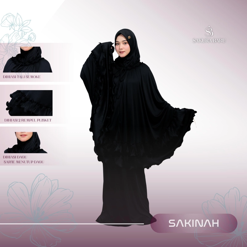 Product image Sakura Baru - [New Launching] Mukena Sakinah Smock Jersey Double Pleats Penutup Dagu Mukena Dewasa J All Size Hitam