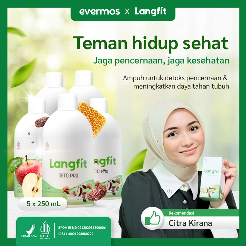 Product image Langfit - Paket 5 Botol Deto Pro Cuka Apel + Madu Stevia Probiotik Chia Seed 1 paket Isi 5 Botol