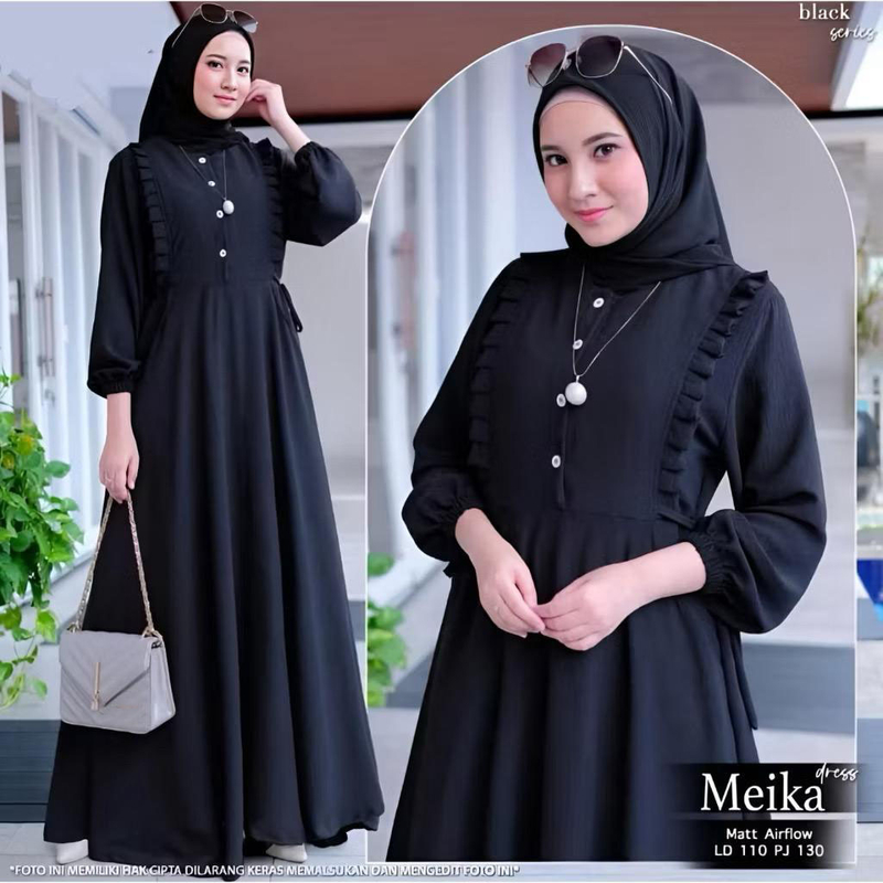 MEQA DAILY - MEGA DAILY - Gamis Meika Dress Wanita Rempel Muslimah Bahan Hyget Super L Hitam L Kode 1064