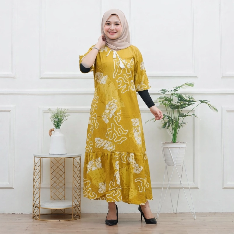 Product image Disya.id - Gamis Twill Rayon Premium Busui Terbaru Jumbo Syari Abstrak LD 120cm Lemon