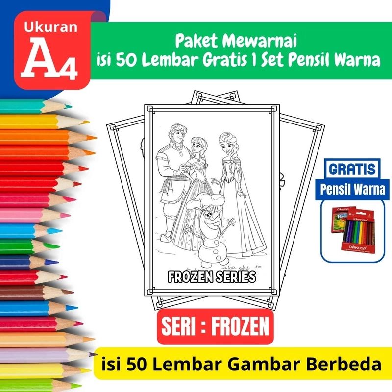 Product image FEID Store - [ EDISI FROZEN ] Promo Paket Mewarnai isi 50 Lembar Gratis 1 Set Pensil Warna - A4 Tebal A4 TEBAL