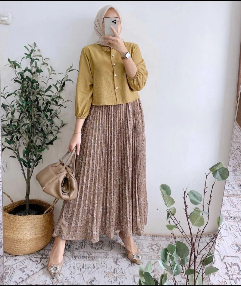Product image Valencia - Zavika Set Rok - One Set Wanita Kemeja Polo Linen Premium Lengan 7/8 Setelan Wanita Kekinian Rok Pr All Size Zavika Olive