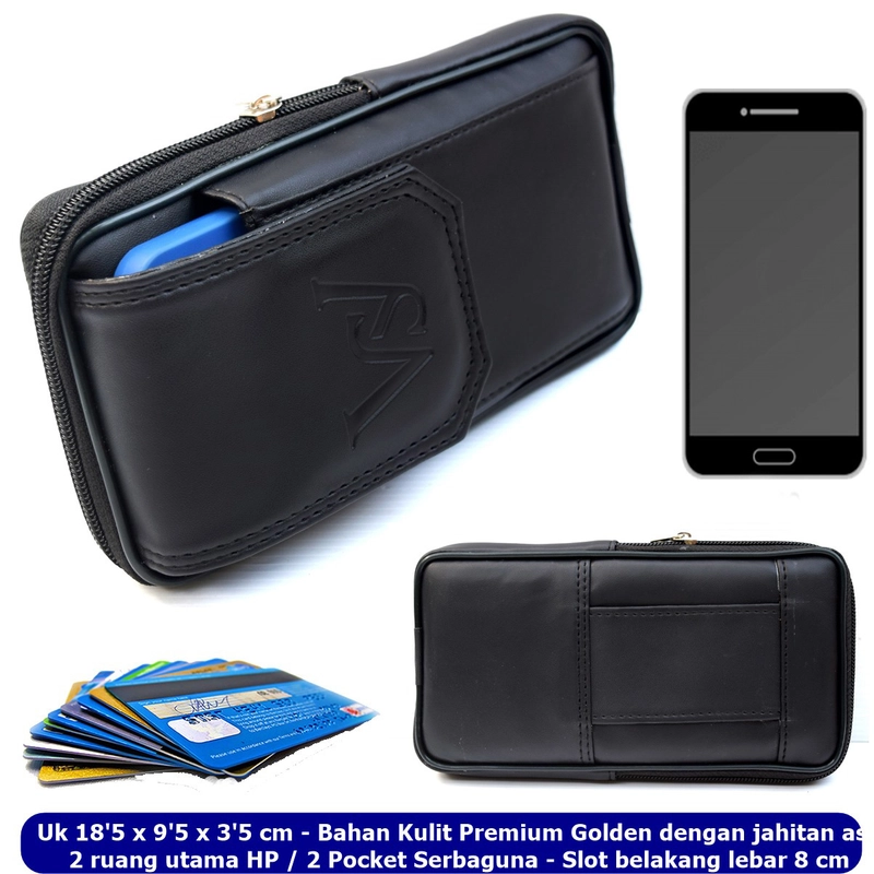 Product image Lanc Fashion - Dompet Kulit Emperor HP Kombinasi Pinggang 2 Ruang Emboss Black big size Warna Hitam