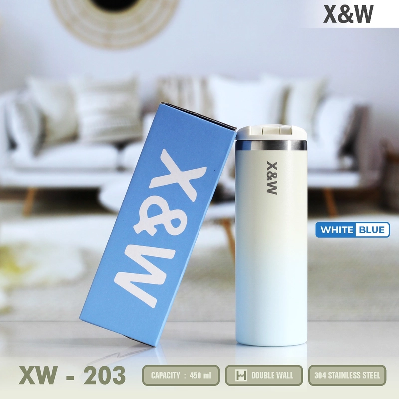 Product image X&W Botol Tumbler Stainles 304 Double Wall XW-203 Keep Hot & Cold 450 ML Vacuum Flask 2 Tone Colour 450 White Blue
