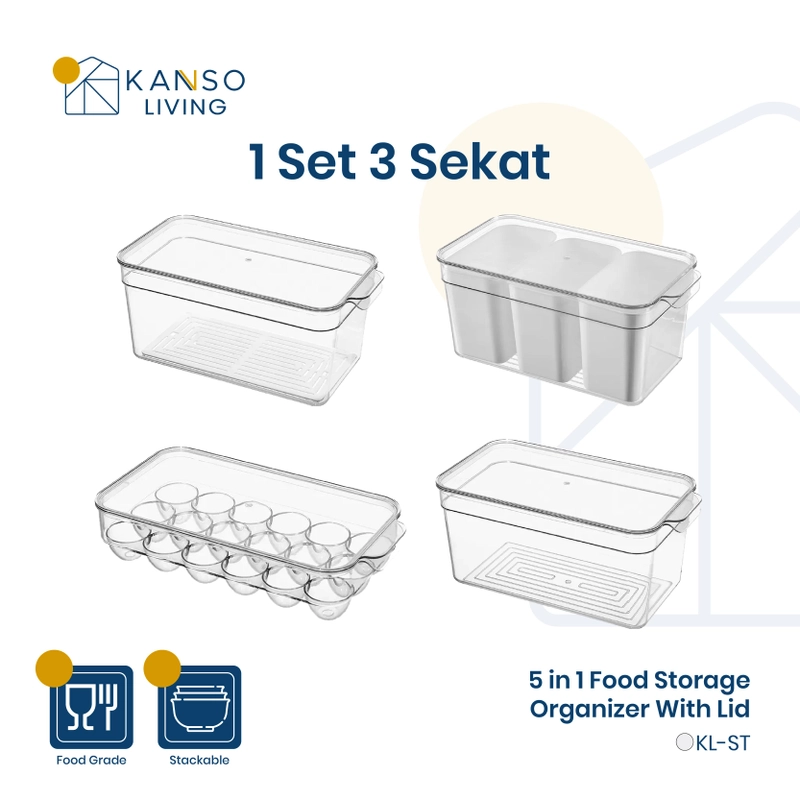 Product image Kanso Living - Kanso Living 5 in 1 Kontainer Penyimpanan Makanan Storage Box Kulkas - 1 Set 3 Sekat 4000 1 Set