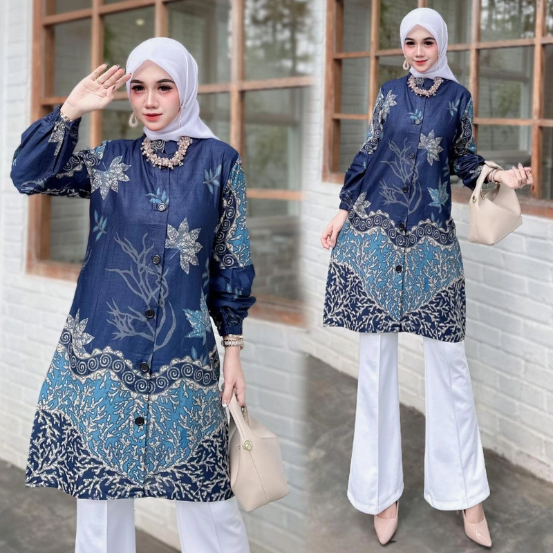 Product image Kois Batik - Atasan Wanita Batik Tunik Baju Kerja Terbaru Terkeren Simpel xl Tunik sakura navy