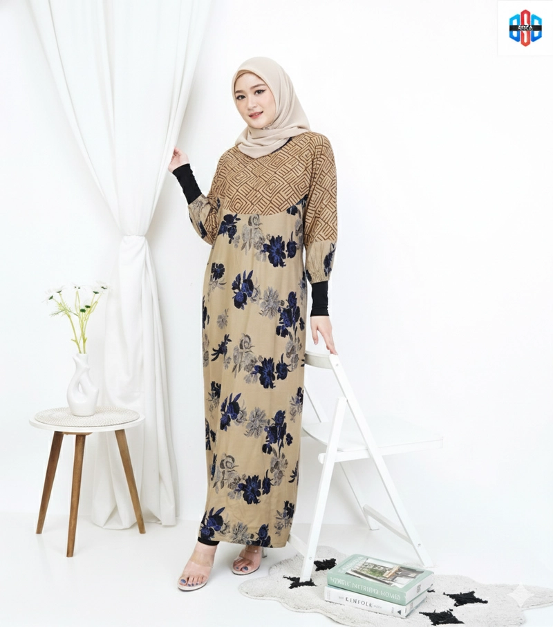 Product image Disya.id - Dress Gamis Wanita Bahan Rayon Resleting Depan Bunga Mawar LD 120cm Biru