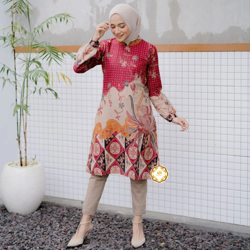 Product image Rambe Batik Indonesia - Couple Tunik Laksha Merah Modern dan Exclusive Kemeja Saja Size M Laksha Merah