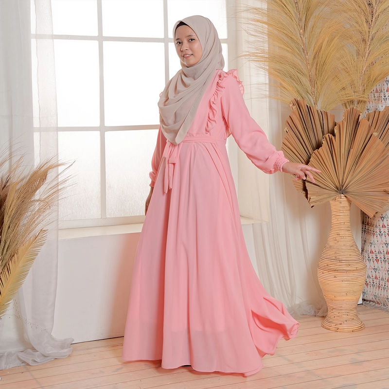 Product image MOSCOU - Baju Busana Dress Gamis Wanita Muslim Muslimah Syari Syar'I Remaja Ibu Busui Simple Simpel Elegan Casual Pesta Kondangan Lebaran Terbaru Kekinian Ceruty Ceruti Babydoll Premium Full Furing Hyget Adem Lembut Pink Peach Polos M Pink Peach