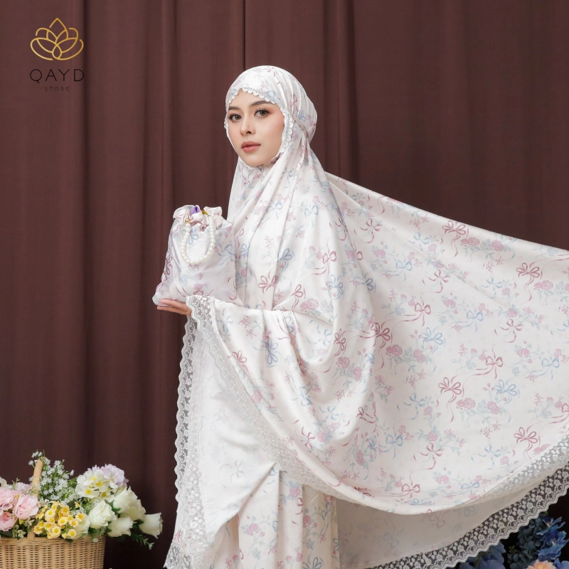 Product image qaydstoreid - Mukena Arunika Dewasa Silk Premium Motif Bunga Elegan dengan Renda Mewah Super Adem 2in1 arunika cream peach