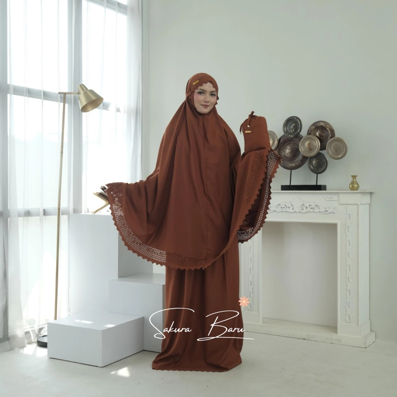 Product image [BELI LOKAL] Mukena Travelling Yumna Laser Cut 2in1 Katun Premium Atasan Lembut Nyaman Panjang All Size Dark Brown