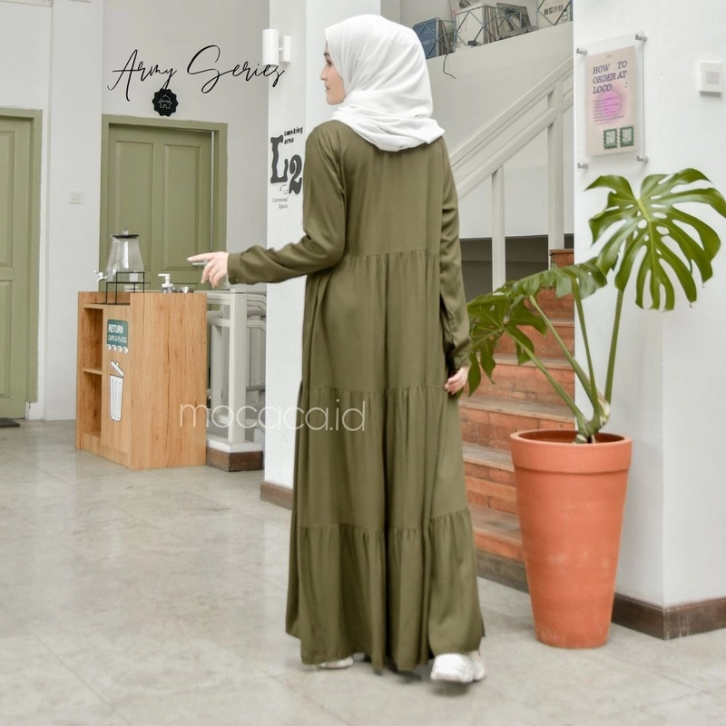 Product image mocaca id - Gamis Polos Premium Babydoll Lady Dress Rayon Twill Full Kancing Hidup Busui Army ALL SIZE ARMY