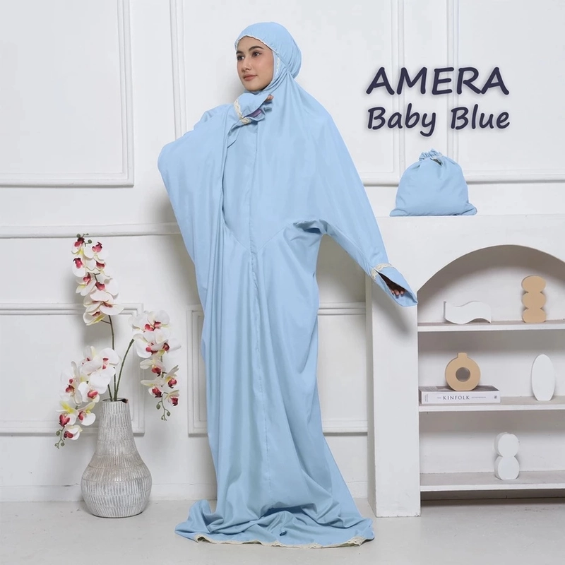 Product image qayd - UZN Mukena Terusan Dewasa Amera Traveling Jumbo Dewasa Polos Renda Rajut Dewasa Jumbo Baby Blue