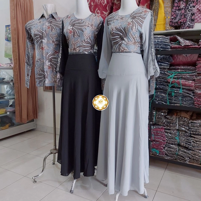 Product image Batik Couple Gamis Netty Kualitas Butik Bahan Kain Babydol Armani Premium Original Bisa Beli Pisah Kemeja Saja Size M Abu