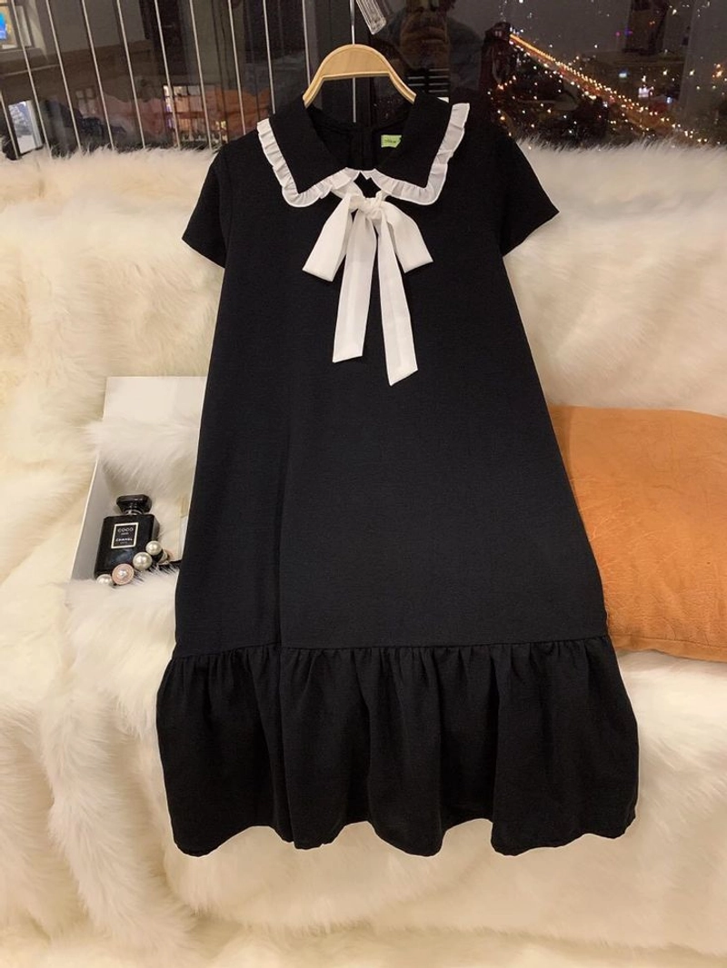 Product image Sseolshop - Aurora Ruffle Dress / Dress Wanita Leher Pita Lengan Pendek Elegan L Hitam