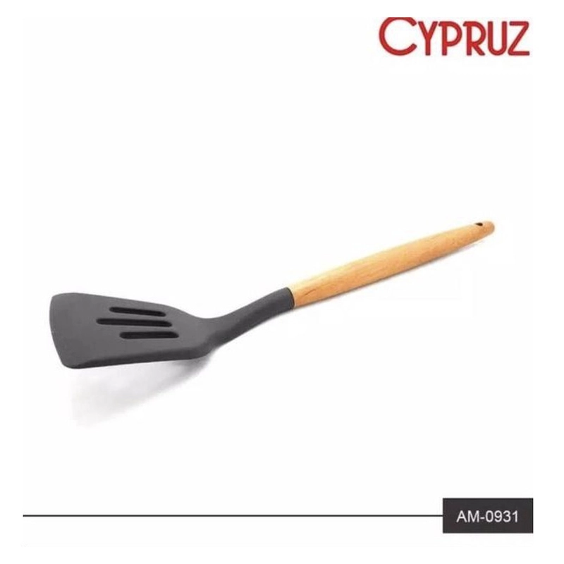 Product image Cypruz - Cypruz Utensil Gagang Kayu Kepala Silicone Turner LUBANG AM-0931-AU Panjang : 32 cm Warna : Abu-abu