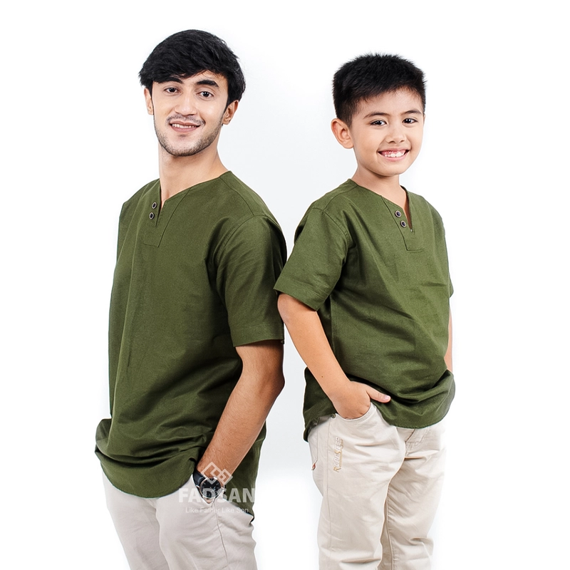 Product image FADSAN - Baju Couple Ayah dan Anak Koko Muslim Bahan Katun Linen Lengan Pendek Warna Army - Mono Series SIZE ANAK XS MONO ARMY