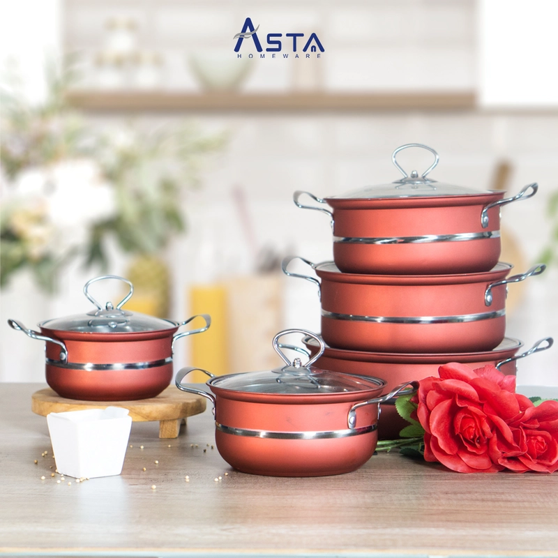 Product image Asta Panci Set Stainless Steel Tebal Tutup Kaca DLima Susun 5 Warna Merah