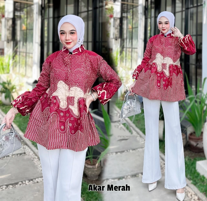 Product image Ks muslim fashion - Baju Batik Kerja Boluse Wanita Lengan Balon motif akar M Blouse akar merah