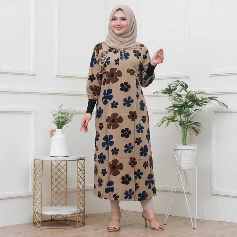 Product image Disya.id - Dress Gamis Wanita Bahan Rayon Resleting Depan Bunga Ceplok LD 120cm Biru
