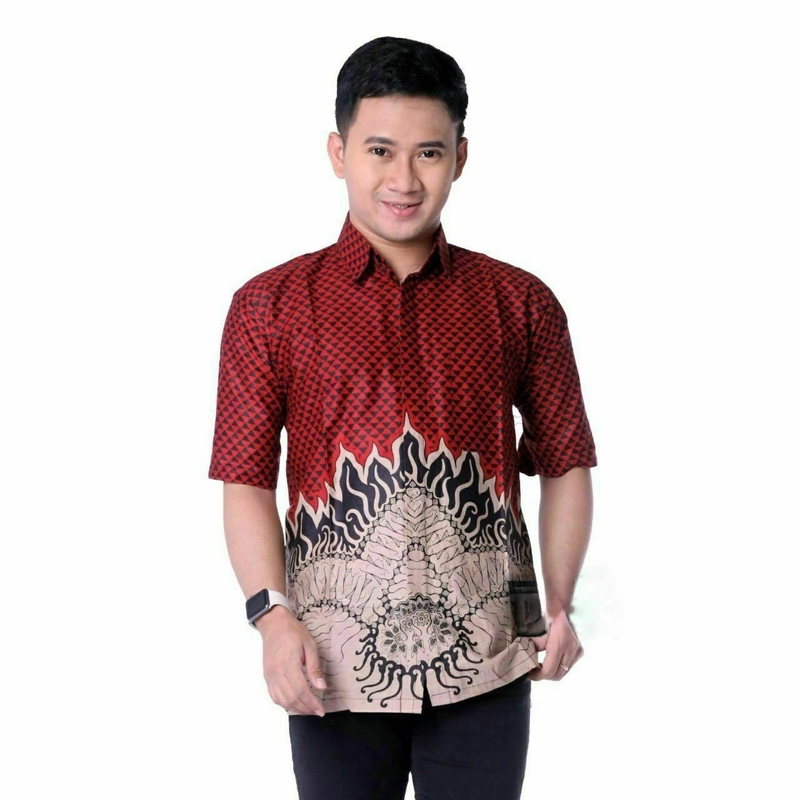 Product image Batik Alfin - Kemejan batik pria dewasa lengan pendek model terbaru nyaman di pakai bagus banget M Kemejan batik merah