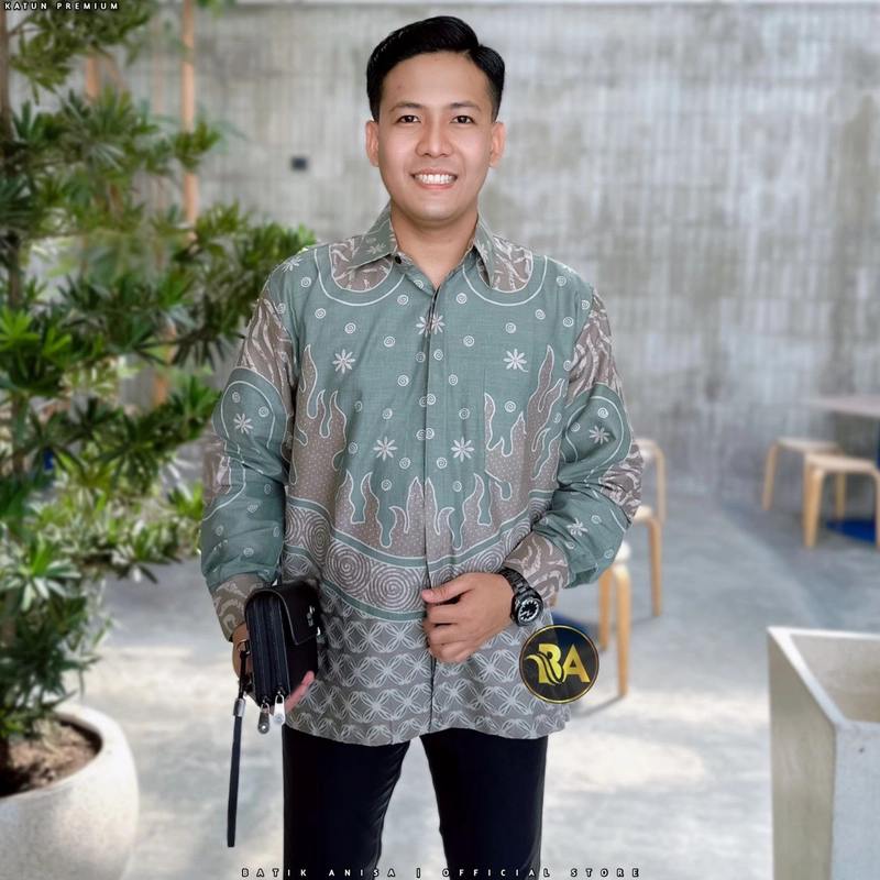 Product image Batik Alfin - Baju atasan muslim Couple kemejan dan tunik motif sekar jagat model terbaru Xl Kemejan sage