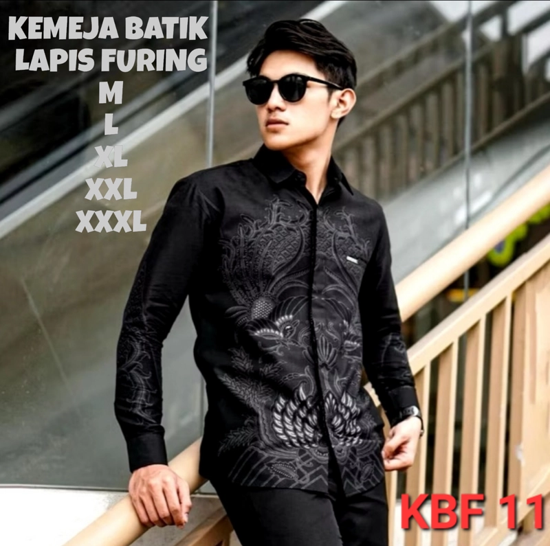 Product image legowo batik - Batik Batik Pria LAPIS FURING Kemeja Batik Lengan Panjang STANDAR JUMBO Motif Pusoko KBF 11 L Hitam kombinasi