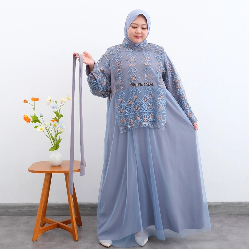 Product image My Plus Size - Gamis Vest Brukat Tile Jumbo Wanita 3892 / Ld 135 cm & 150 cm / Gamis Eid Series Jumbo Wanita 3XL BLUEGREY