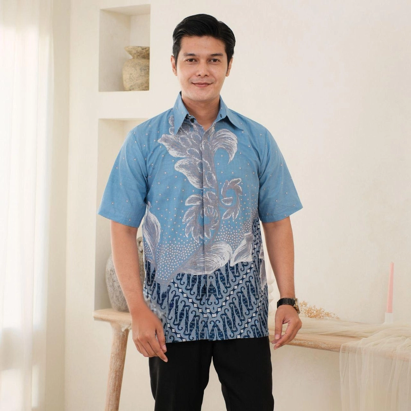 Product image Batik Mafaza - Atasan Batik Coupel Modern Dapat Beli Terpisah Simpel Terbaru motif anggrek denim M Hem anggrek denim