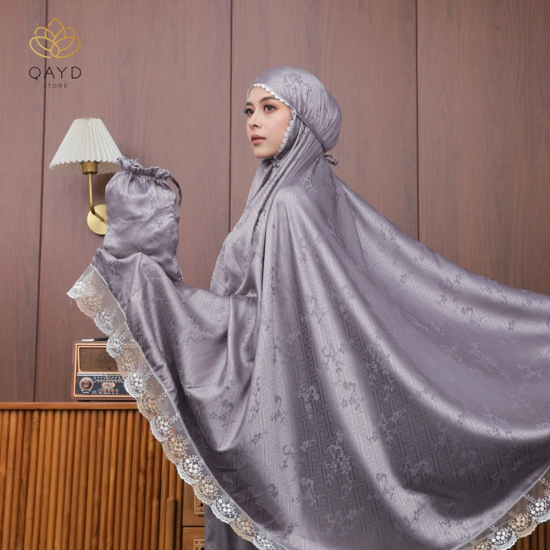 Product image qaydstoreid - BEli 1 Gratis 1 Mukena Dewasa Zhafira Armany Silk Jacquard Motif Embos Mewah 2in1 Renda 2in1 zhafira grey