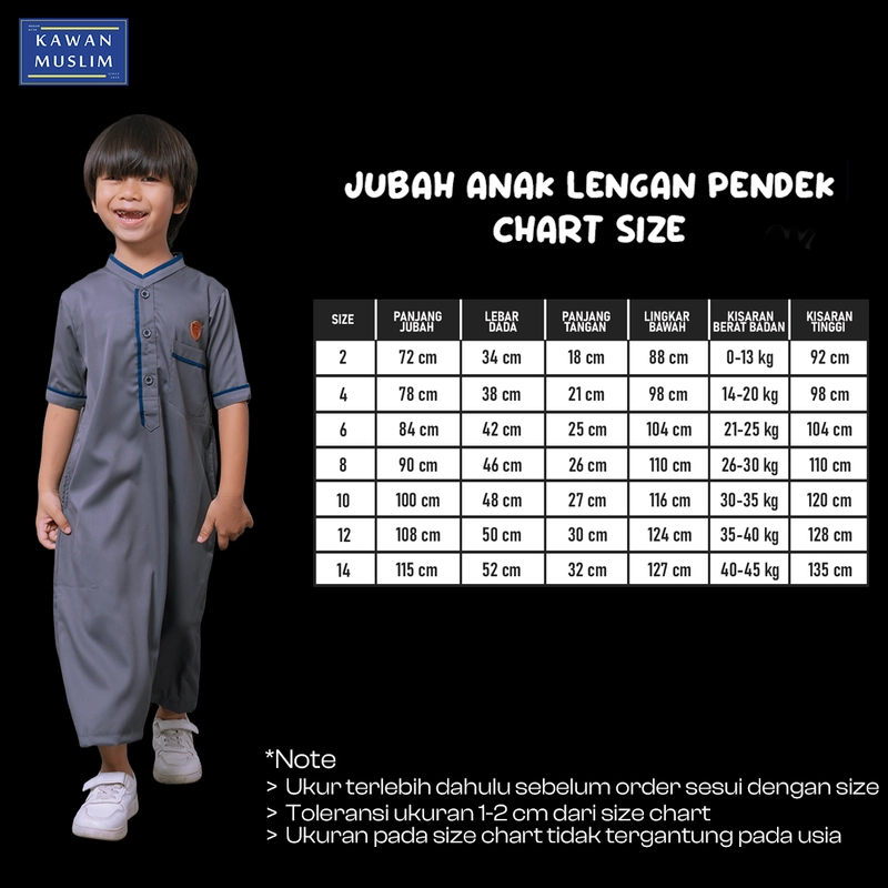 Product image Kawan Muslim - Jubah Gamis Anak Laki Laki Lengan Pendek Usia 1 Sampai 14 Tahun (JBA14) 12 HITAM