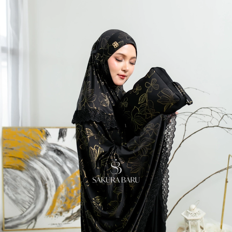 Product image Sakura Baru - Mukena Shanum New Motif Magnolia Reborn Mewah Lembut All Size Hitam