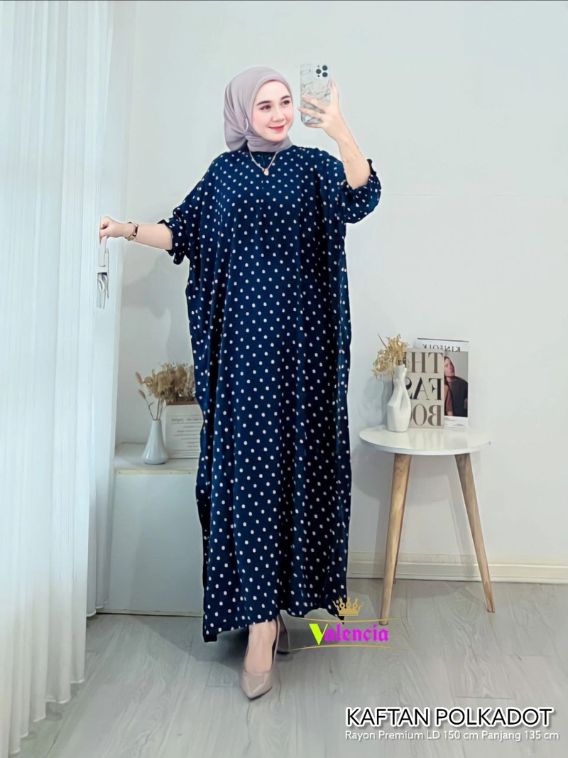 Product image Polkadot Kaftan Wanita Rayon Batik Premium Gamis Jumbo Kekinian Dress Bigsize All Size PoLkadot Navy